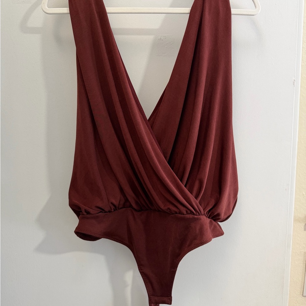 Free People Intimately Deep V-Neck Burgundy Draped Bodysuit